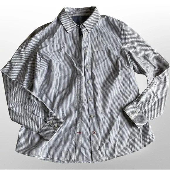 SPORTSCRAFT sz 12 cotton blouse shirt Oxford pinpoint white with navy pin stripe - Picture 3 of 10